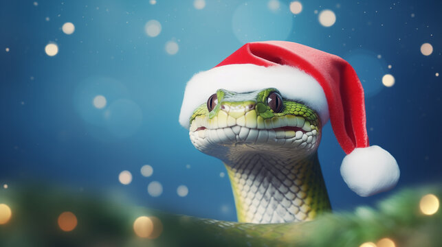 green snake in santa claus hat on light pink background, christmas bokeh background