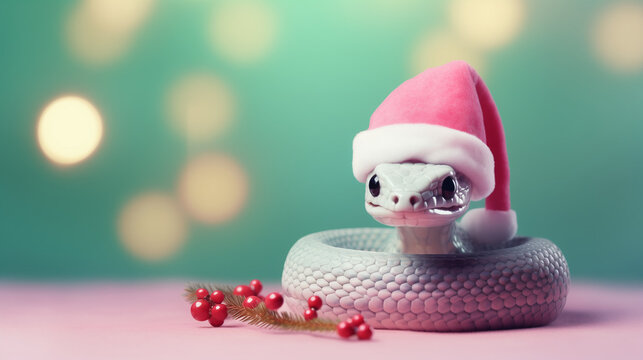 green snake in santa claus hat on light pink background, christmas bokeh background