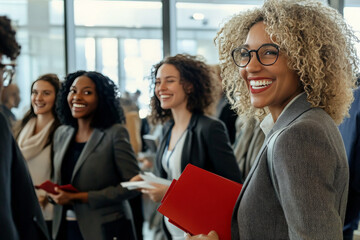 A diverse group of business professionals, all smiling and looking happy, stand in a line together in a conference room, ready for a meeting.