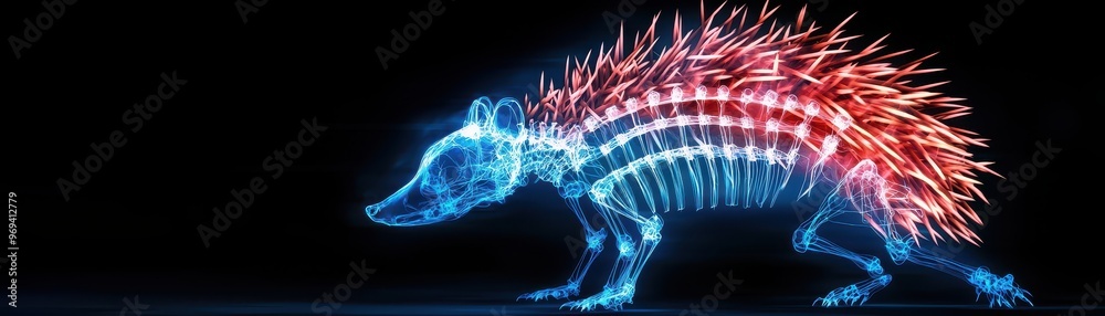 Poster futuristic digital x-ray image of a glowing porcupine with colorful quills illuminated in red and bl