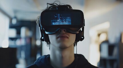 A young designer adjusting virtual reality glasses, exploring a 3D creative environment for interactive design