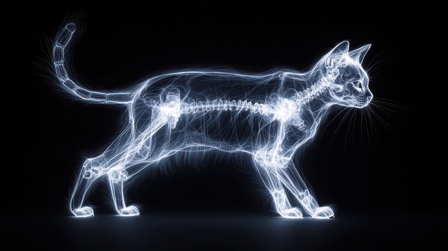 X-ray image of a cat showing its skeletal structure against a black background, highlighting bones and joints.