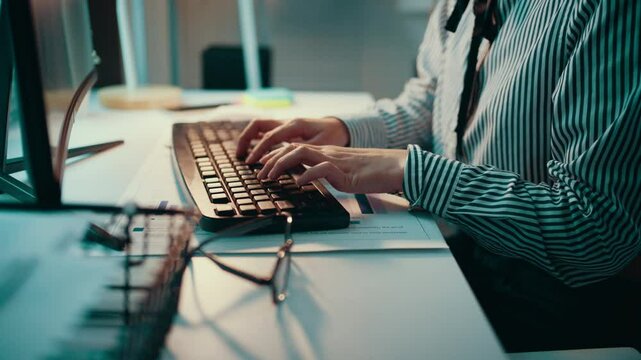 Office setting features a person in a striped shirt sitting at a desk, rapidly typing on a keyboard. Focused on work, the individual demonstrates speed and efficiency in data entry tasks