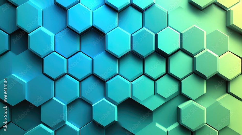 Poster abstract hexagonal pattern background with a gradient of blue and green, symbolizing futuristic tech