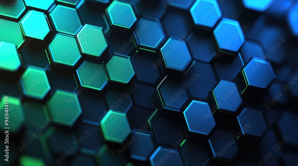 Poster abstract hexagonal pattern background with a gradient of blue and green, symbolizing futuristic tech
