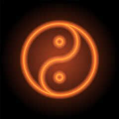Yin Yang simple icon vector. Flat design. Orange neon on black background