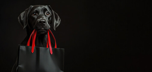 Black Friday sale banner. Black Labrador sitting on black background holding in mouth black shopping bags with red handles. Copy space. Special offer, discount. Super seasonal sale