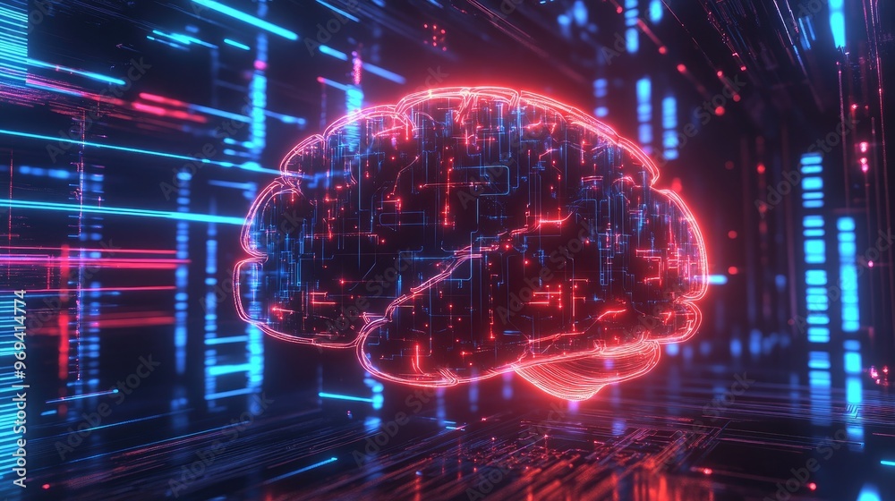 Poster an abstract 3d illustration of a brain with bright lights and circuits, representing artificial inte