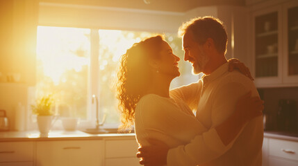 A happy, affectionate middle-aged couple dancing joyfully in their kitchen, with sunlight streaming in, as they smile and enjoy their time together at home. photo