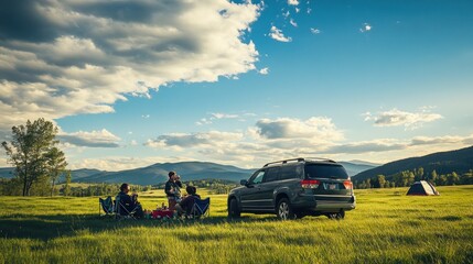Outdoor camping with SUV, chairs, and tent setup.