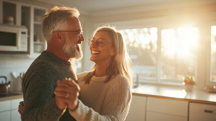 A happy, affectionate middle-aged couple dancing joyfully in their kitchen, with sunlight streaming in, as they smile and enjoy their time together at home. photo
