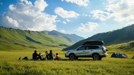 Family camping by green hills with mid-sized white SUV