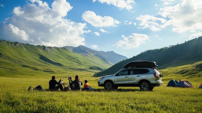 Family camping by green hills with mid-sized white SUV