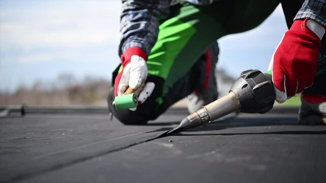 Roofing Professional Installing Roof Membrane in the Sun at a Construction Site in Spring