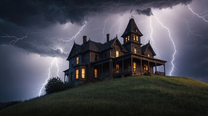A haunted house on a hill with lightning