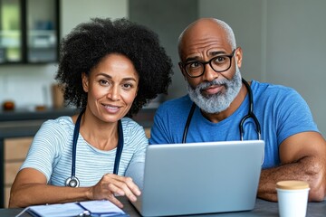 A couple researching prostate cancer treatment options together, navigating medical websites and learning about potential outcomes
