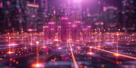 Obraz premium Futuristic cityscape with glowing data streams.