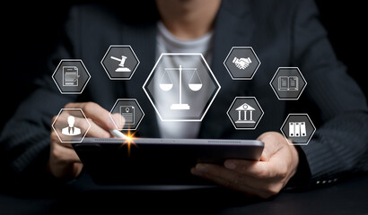 Legal advice service with lawyer working for justice concept, law, business legislation, paperwork expert consulting, Computer - Related Crime Act..