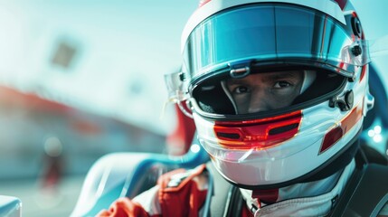 Fototapeta premium Man dressed as a racer, Motorsport car racer on white background 