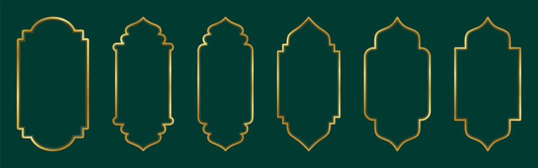 Gold traditional islamic window shape. Golden ramadan frames, mosque arches, moroccan arabic border or door. Arabic muslim architecture design elements, ramadan frames.