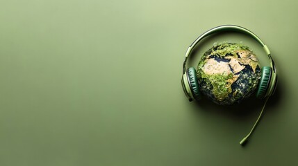 Headphone-adorned Earth on a minimalistic green layout.