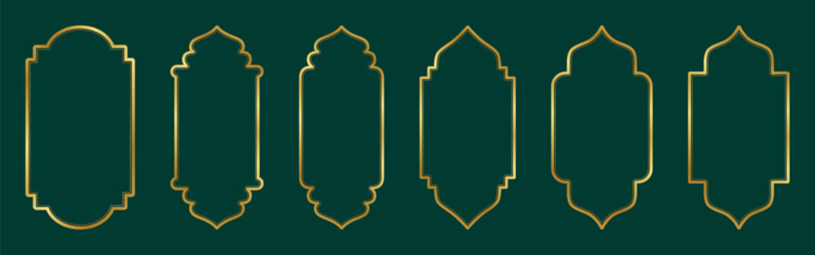 Gold traditional islamic window shape. Golden ramadan frames, mosque arches, moroccan arabic border or door. Arabic muslim architecture design elements, ramadan frames.