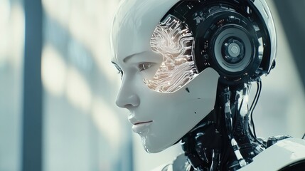 An AI robot with a digital brain interface, symbolizing artificial intelligence and data processing power