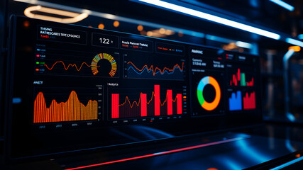 Fototapeta premium A digital dashboard displaying vibrant charts, pie graphs, and analytics overlaid on a sleek, futuristic background