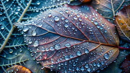 Obraz premium Close-Up of Dew-Covered Autumn Leaves with Vibrant Colors
