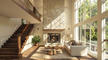 Fototapeta premium Modern Home Interior with Fireplace and Large Windows