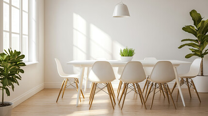 A bright, minimalist dining space with a large table and green plants.