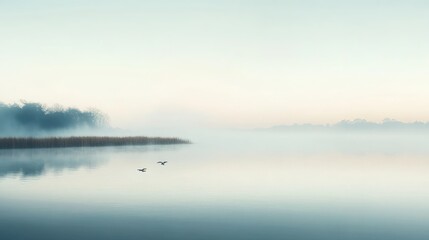 Fototapeta premium An ethereal photo of a mist-covered lake at dawn, with soft light reflecting off the calm water surface