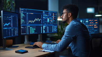 Professional analyzing financial data on multiple screens with visualizations and charts representing fintech solutions and digital transactions