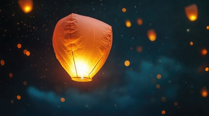 An illuminated paper lantern floating in the night sky during a traditional festival, symbolizing hope and wishes