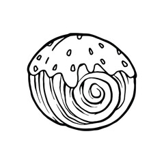illustration of a swirl pastry, topped with icing and sprinkles.