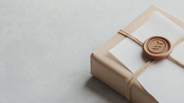 A wax seal stamp pressed onto white paper wrapping a parcel box, creating a classic and elegant finishing touch. photo
