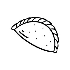 hand-drawn illustration of an empanada with a braided crust edge and dotted detailing.