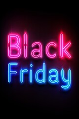 Neon sign displaying Black Friday promotions with vibrant pink and blue colors in a dark background during holiday shopping season