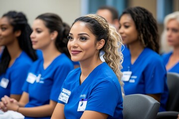 A group of caregivers participating in a training session, learning new techniques for improving patient care with empathy and respect