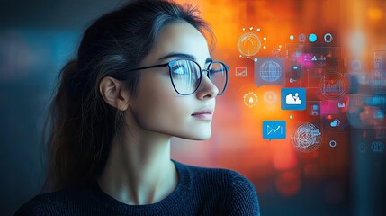 A thoughtful woman with glasses gazes at digital icons, symbolizing technology and innovation.