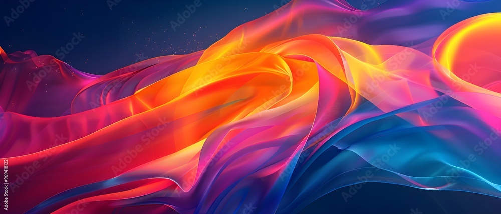 Poster dynamic abstract design featuring flowing waves in bold, vibrant colors like orange, pink, and blue,