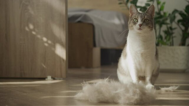 Cat sitting near a pile of shed fur in a sunlit room