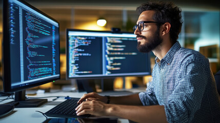 Data scientist working with complex algorithms and predictive models on a high-tech computer in a modern office environment