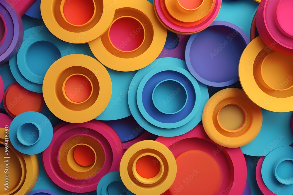 Poster vibrant 3d abstract composition with layered circles in bold hues of yellow, blue, and red, creating