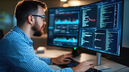 Data scientist working with complex algorithms and predictive models on a high-tech computer in a modern office environment