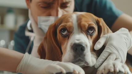 Fototapeta premium Young veterinarian wearing gloves and examining sick beagle dog in clinic