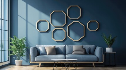 Creative layout of hexagonal photo frames on a minimalist wall, showcasing innovative home decor