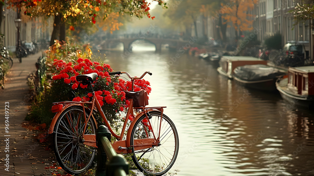 Canvas Prints A serene canal scene with a bicycle and vibrant flowers in autumn.