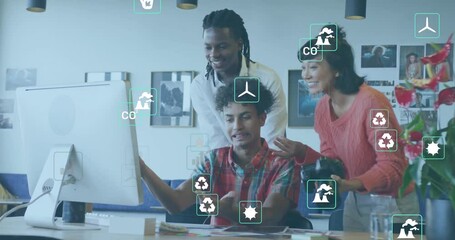 Animation of eco icons and data processing over diverse business people in office - Powered by Adobe