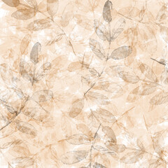 Yellow-beige background with autumn leaves. Autumn background with leaves, watercolor pattern. The texture is autumn with leaves for the design.